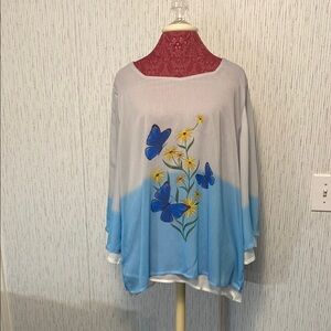 Blue & White Misslook Tunic Layered with Wide Bell Sleeves Size XL